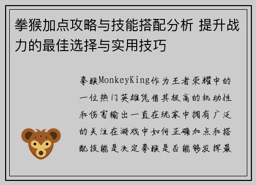 拳猴加点攻略与技能搭配分析 提升战力的最佳选择与实用技巧